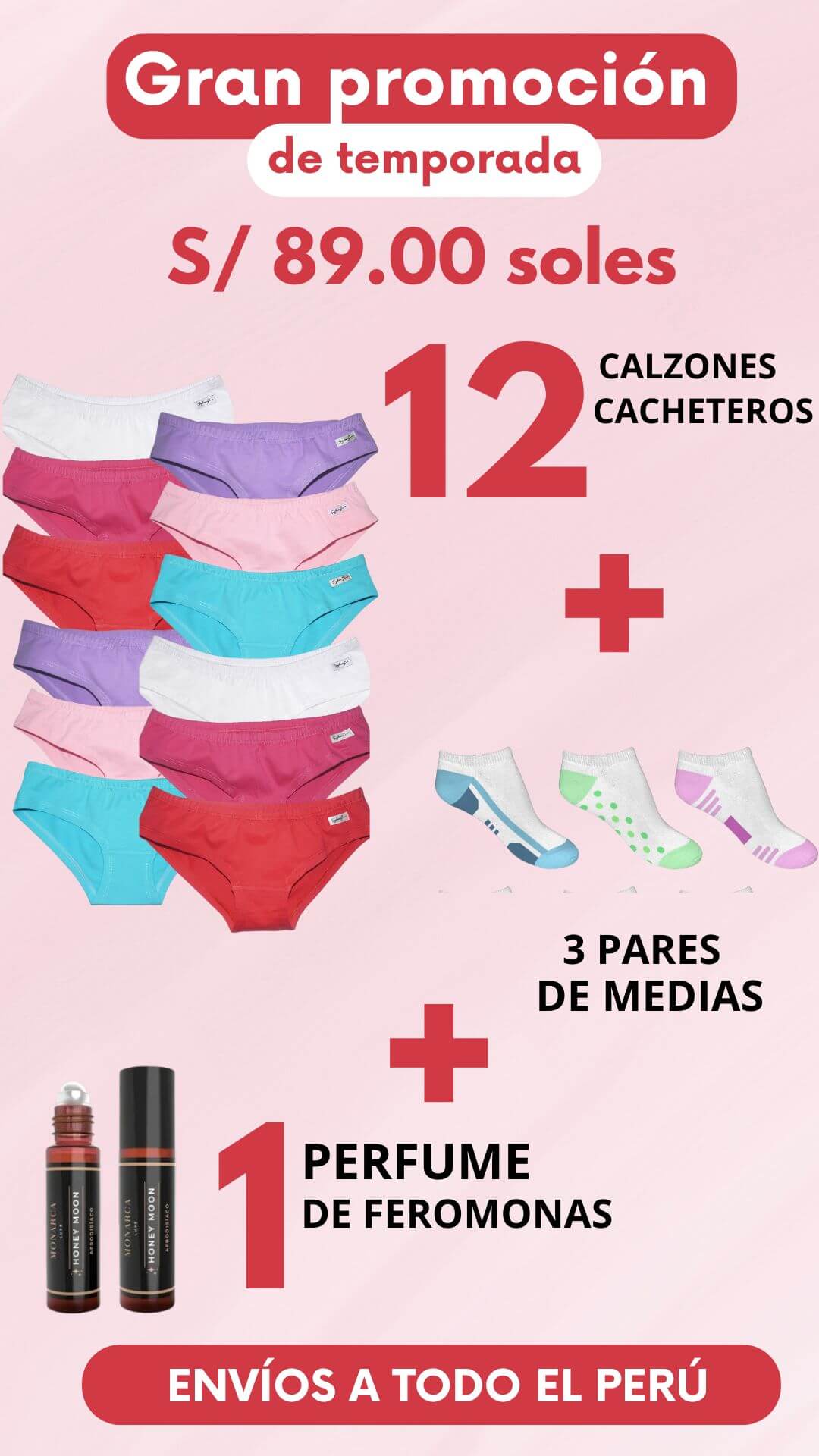 PACK ELLAS | 12 CALZONES CACHETEROS + 4 PARES DE MEDIAS + 1 PERFUME DE FEROMONAS