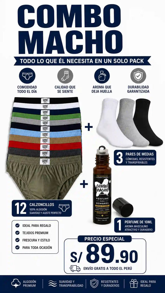 Pack Macho | 12 Truzas de Algodon (AXEL) + 3 pares de medias de Algodon + 1 Perfume de Feromonas (BASICO)