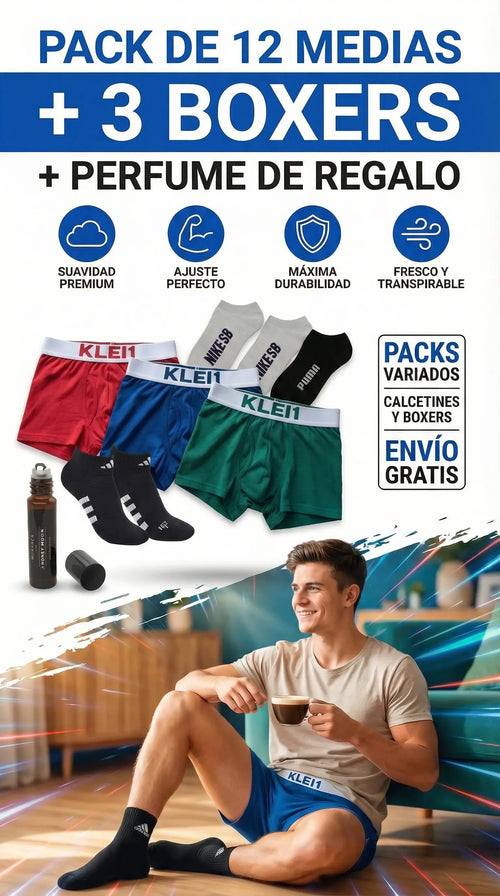 12 Pares de Media 100% Algodon + 3 boxer Premium + 1 Perfume de Feromonas | ENVIO GRATIS
