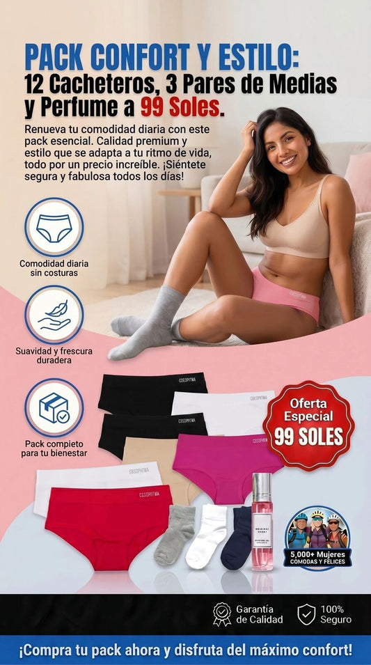 PACK ELLAS | 12 CALZONES CACHETEROS + 3 PARES DE MEDIAS + 1 PERFUME DE FEROMONAS