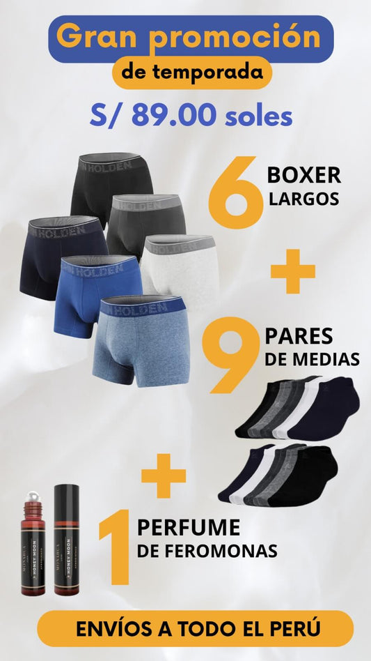 PACK MACHO | 6 BOXER DE ALGODON | 9 PARES DE MEDIAS | 1 PERFUME DE FEROMONAS