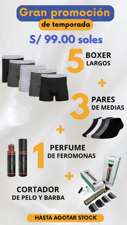 Pack Macho 3.0 | 5 Boxer + 3 Pares de medias + 1 Perfume de feromonas + 1 Cortador de pelo y barba